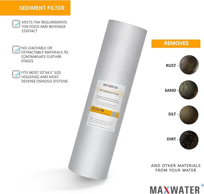 Max Water 20" x 4.5" 10 Micron Sediment Water Filter, Whole House Water Filter Replacement Cartridge, Melt Blown Polypropylene (PP), Fits Any Standard 20 Inch Filter Housing, 2 Pack