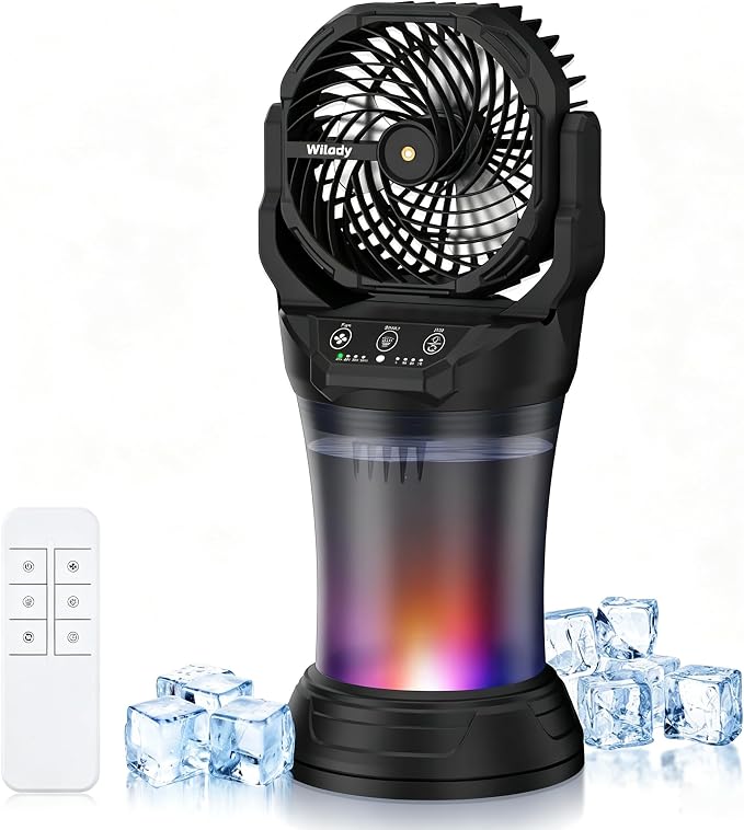 Wilody Misting Fan Portable Camping Fan Battery Powered with Remote Control, RGB Ambient Light with 2L Bucket, Battery Indicator, 120° Auto Oscillating, Timing Function, Grip Handle(Black)