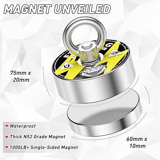 FINDMAG Double Sided 1000 lbs Pulling Force Magnet Fishing Kit with Case, 2.95" Diameter Fishing Magnets Perfect for Retrieving Items, Magnet Tool, Gift-Ready Packaging