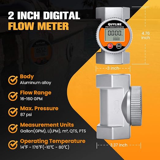 Waterproof 2 Inch Water Flow Meter, 16-160 GPM Digital Inline Fuel Flowmeter with NPT Thread for Hot/Cold Water, Diesel, Gasoline, Oil & Liquids, Supports Gallon, Liter, GPM, LPM, m³, QTS, PTS