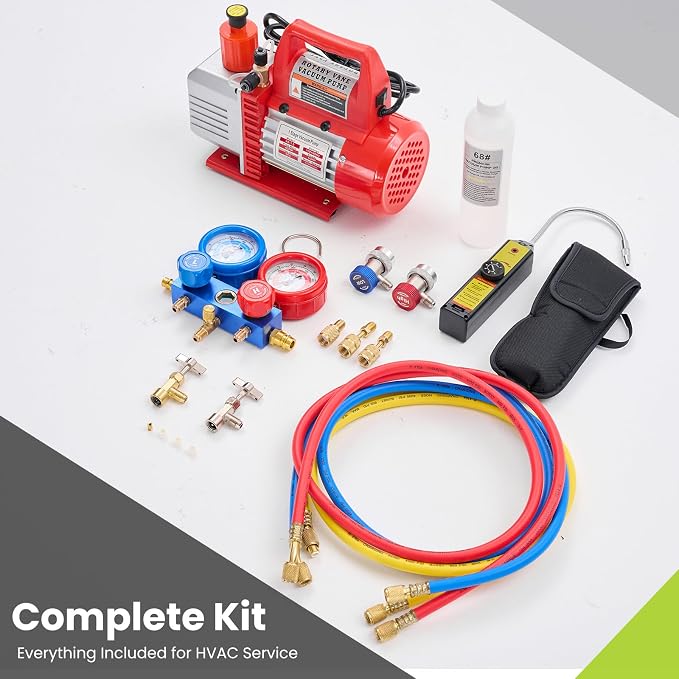 OLIXIS 110V 1/3 HP 4CFM Single Stage Vacuum Pump Kit with R134a Manifold Gauge Set, Leak Detector, 1/4" Hoses & Carry Bag for HVAC AC Refrigeration, ETL Listed, Blue