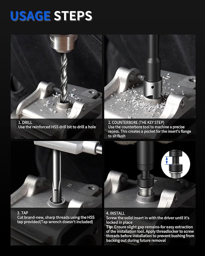 M8 x 1.25 Metric Thread Repair Kit, with HSS Drill Bit, Tap, Counterbore & Installation Driver, M8 x 1.25 Solid 304 Stainless Steel Inserts (10 Pcs, 9.4 mm Length)