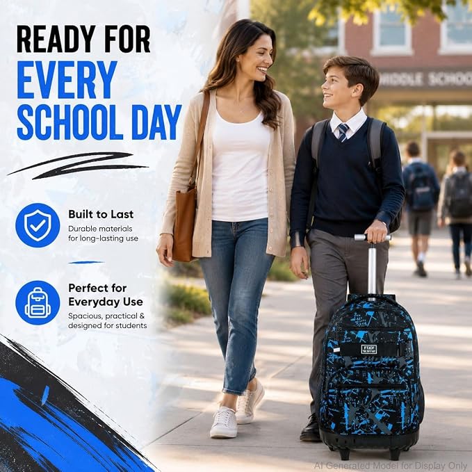 3Pcs Rolling Backpack for Boys Men, Travel Roller Backpacks with Wheels for Adults, Teens College Graffiti Wheeled Bookbag with Lunch Box(Blue)