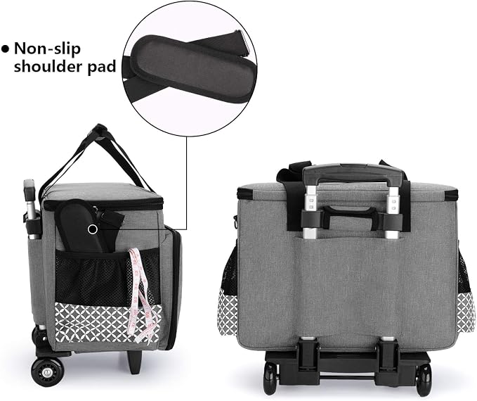Yarwo Upgraded Rolling Sewing Machine Carrying Case, Detachable Trolley Tote Bag with Removable Bottom Board and Thickened Trailer Leg for Most Standard Sewing Machine and Accessories, Gray with Grid