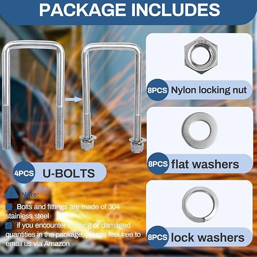 4 Sets 304 Stainless Steel Square U Bolt,U Bolts 3 inch Wide,1/2" D x 3-1/16" W x 4-5/16"L U-Bolts for Boat Trailer with Nuts and Washers, for Automobiles Trailer, Ski Boat