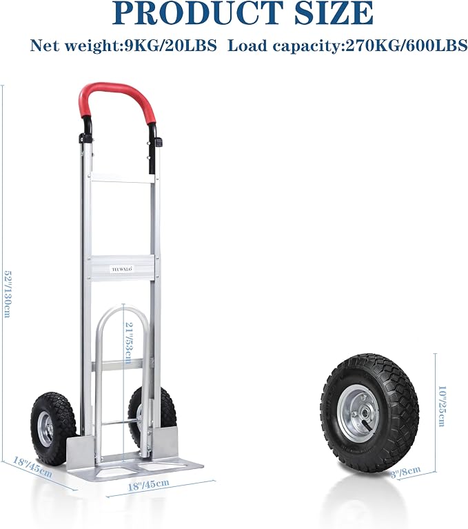 Aluminum Alloy Hand Truck with U-Shaped Handle, 2 Rubber Wheels, 600 lb Capacity, Ext endable Base Plate - Suitable for Warehouse, Office, Home & Multiple Usage Scenarios