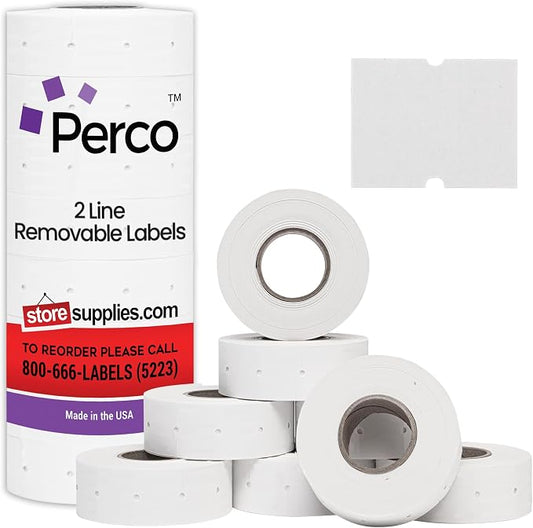 Perco 2 Line Removable Adhesive Labels - 6,000 Blank Price and Date Gun Labels for Perco 2 Line Price and Date Guns - 8 Rolls, 1 Sleeve - Made in USA