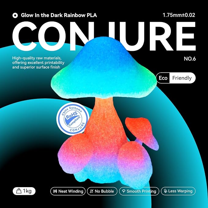 Conjure Glow in the Dark PLA 3D Printer Filament, Change Rainbow to Glow Rainbow Multicolor PLA Filament 1.75mm 1KG/2.2LB Filament Works for Most 3D Printer