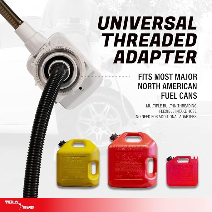 TERA PUMP 5th Gen TRFA01 Fuel Transfer Pump with Overfill Protection | 2.7 GPM, Universal Gas Can Adapter, 39.4 inch Vinyl Hose, For E15, E85, Gas, Diesel