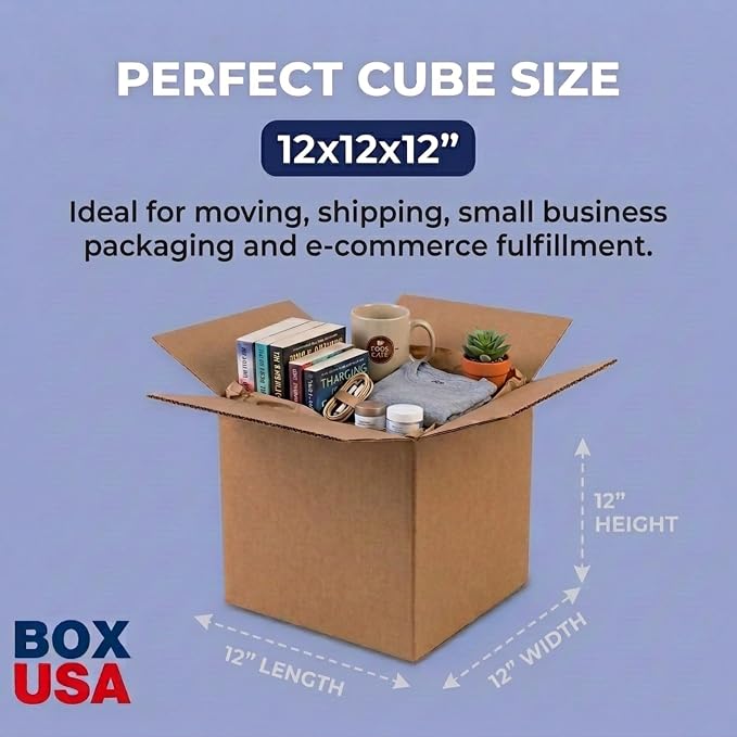 BOX USA Cube Shipping Boxes 12"L x 12"W x 12"H (25-Pack) - Corrugated Cardboard Box for Moving, Mailing, Packing, Packaging and Storage