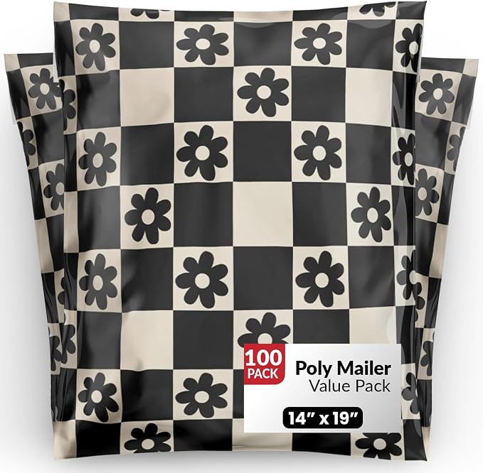 Package Mint 14x19 Poly Mailers - 100 Pack Daisy Checkerboard - Waterproof and Tear-Resistant Poly Mailer Shipping Bags with Self-Adhesive Seal - Opaque Mailing Envelopes for Clothing and Soft Goods