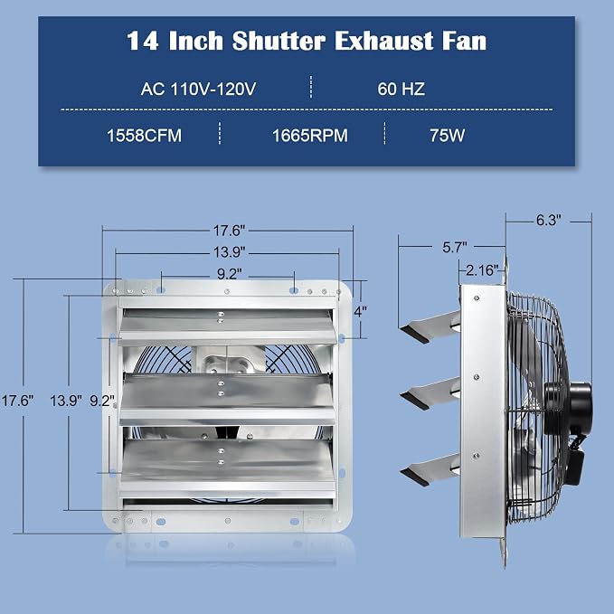 Hiorucet Upgraded 14'' Shutter Exhaust Fan, 1558CFM Low Noise Garage Exhaust Fan, Greenhouse Exhaust Wall Mounted with 1.8M Power Cord for Shop, Attics, Chicken Coop, Shed, Basement Louvered Fan.