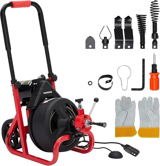 75Ft x 1/2 Inch Drain Cleaner Machine, Electric Drain Snake with 6 Cutters Gloves, Electric Drain Clog Remover Plumbing Tool for 2 to 4 in Pipes, Auto Feed Sewer Snake Auger Drain Auger Cleaner
