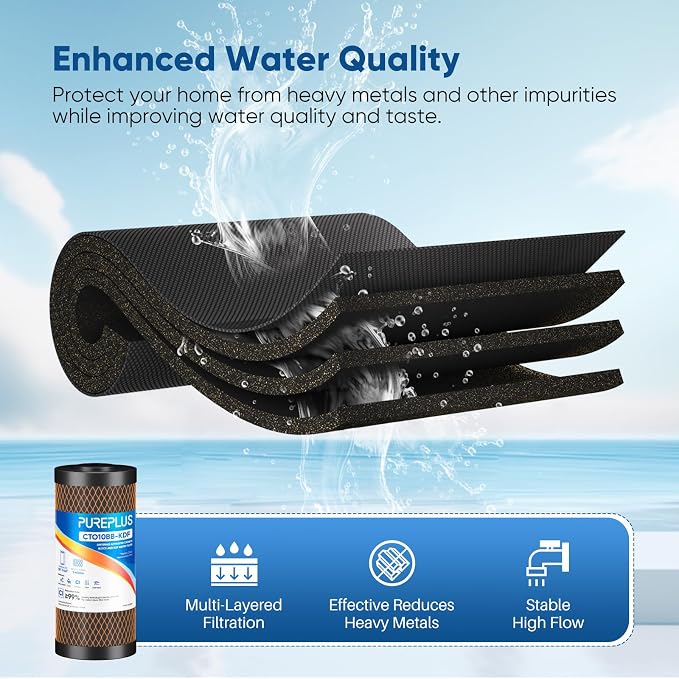 PUREPLUS 1 Micron 10" x 4.5" Whole House Coconut Shell Activated Carbon and KDF Water Filter, Heavy Metal Removal Replacement Water Filter, Compatible with GXWH40L, GXWH35F, BB10, CTO10BB-KDF, 2 PACK