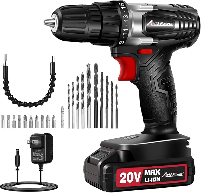 Cordless Drill Set with Battery and Charger, AVID POWER 20V MAX Lithium lon Power Drill Kit, 550RPM Variable Speed & 3/8-Inch Keyless Chuck,16 Position and 22pcs Drill Bits(Black)
