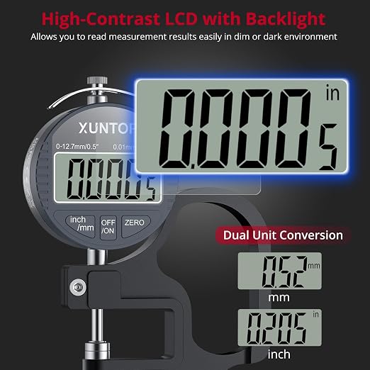 XUNTOP Professional Dimensional Measurement Kit: Digital Thickness Gauge & Dial Digital Indicator with Magnetic Base, LCD Display, 0.0005inch Accuracy, Unit Conversion for Metal Plastic Leather