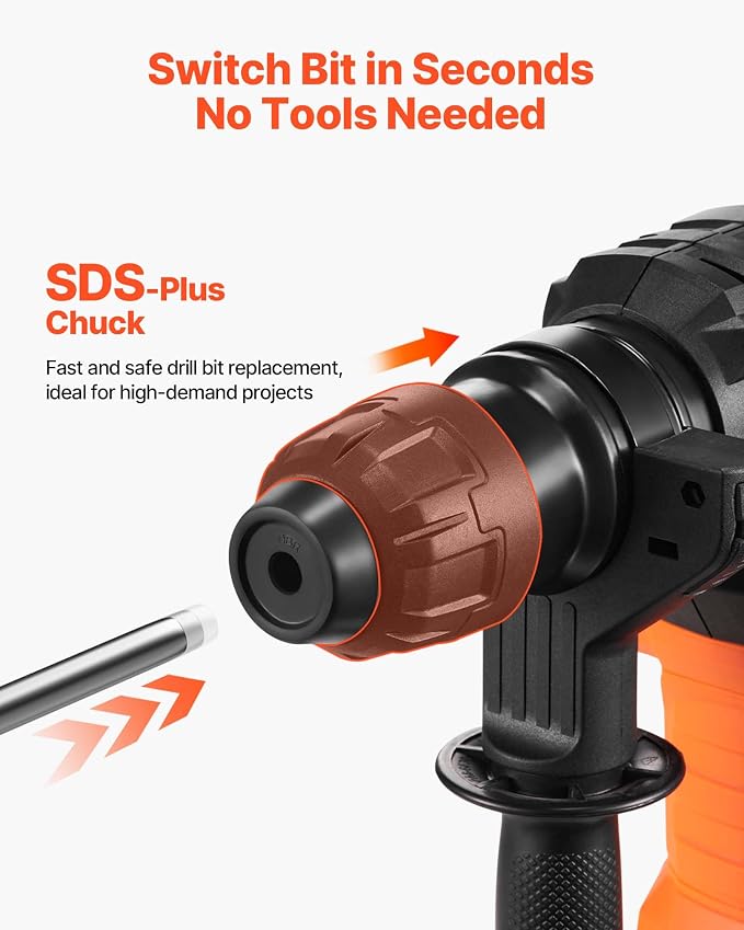 VEVOR 1-1/4 Inch SDS-Plus Rotary Hammer Drill, 13 Amp Corded Drills, Heavy Duty Chipping Hammers w/Vibration Control & Safety Clutch, Electric Demolition Hammers Variable Speed, Power Tool For Concret