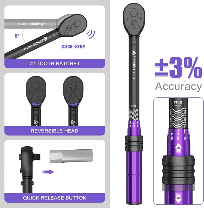 ANPUDS 3/8 Inch Drive Click Torque Wrench, 5-45 Ft-Lb/6.8-61Nm | Dual Direction, ±3% Accuracy, 72 Tooth, Lightweight Aluminum Torque Wrench for Bicycle, Moto and Car Spark Plug Repair
