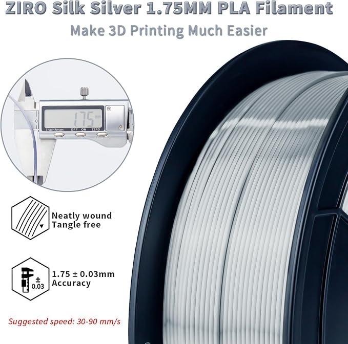 ZIRO Silk PLA Filament Bundle, 4 Packs1.75mm 3D Printing Filament Shiny, Glossy PLA for 3D Printing,1.75mm Metal-Like Surface Rich Color Spool, 1KG x 4 Spool, Silver, Red, Gold, Silver Black