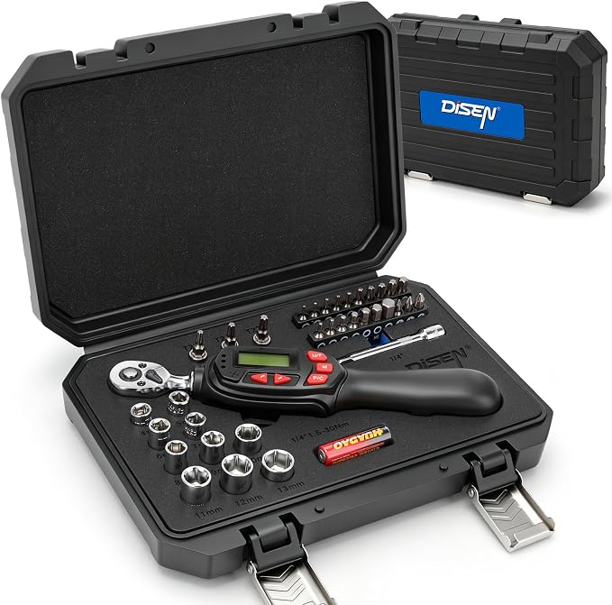 DISEN 1/4 inch Digital Torque Wrench Set with 13pcs Sockets & Extension Bar, 5-25 N.m / 3.7-18.4 Ft.lb, ±2% Accuracy, 3 Modes (Track/Peak/Pre), 5 Units, LED & Buzzer, for Auto Motorcycle Bike DIY