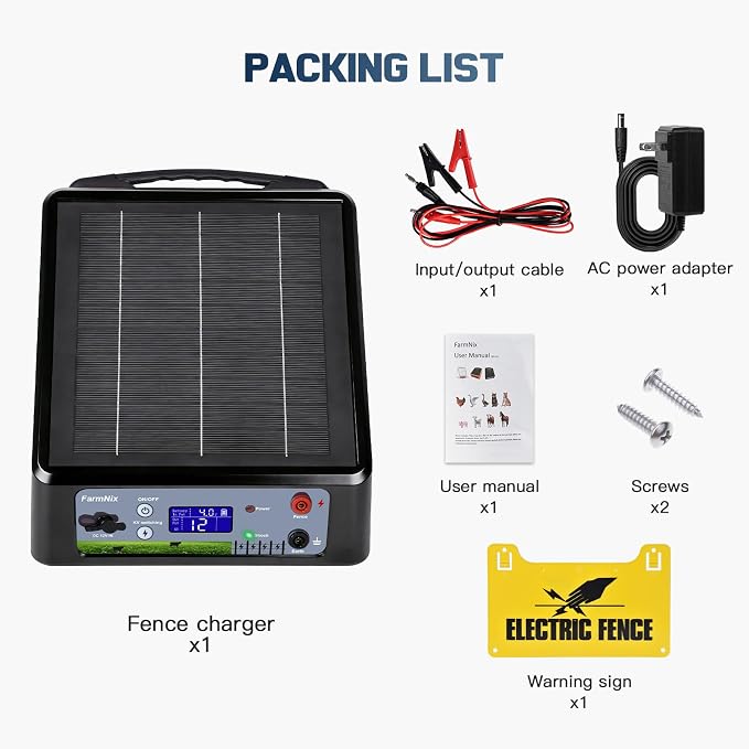6-12KV Adjustable Output Solar Charger,20 Miles Solar Powered Electric Fence 2 Joules Pulse Energy,24H Protection Solar Powered Electric Fence Kit Suitable for Pets,Poultry,Ranches and Gardens