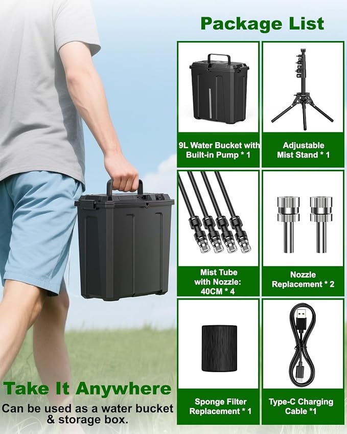 Ausic Portable Misting System with Stand, Water Cooling Misters Set for Outside Patio - 9L Bucket Built-in 10000mAh Battery & PCS Pump & Timer for Outdoor, Canopy, Sport, Golf, Beach, Greenhouse, Camp