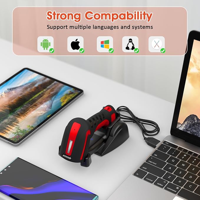Symcode 2D Industrial Barcode Scanner with Stand 433 Wireless 1968 Feet Transmission Distance USB QR Automatic Barcode Reader Handhold Hands-Free Bar Code Scanner with Charging Base Red