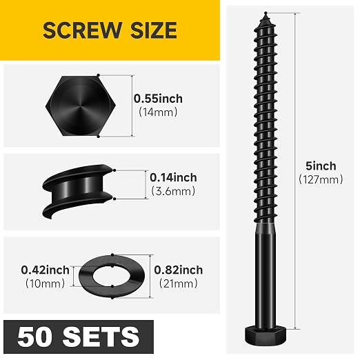 Mywish (50Sets) 3/8" x 5" Lag Bolts, 304 Stainless Steel 3/8 inch Lag Screws Bolts for Wood, Heavy Duty Hex Head with Flat Washers Bolt Kit, Black Oxided