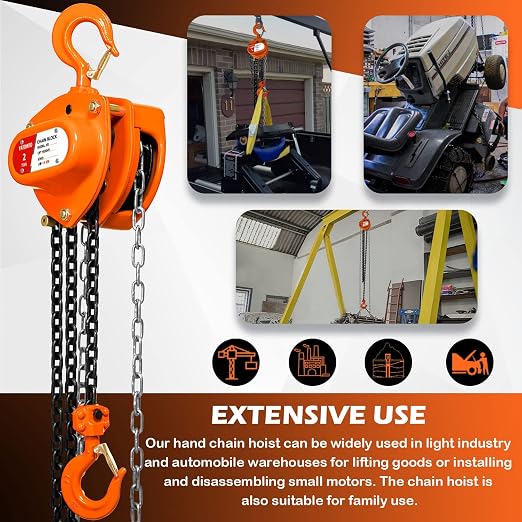 YATOINTO Chain Hoist 2 Ton(4400Lbs) Capacity 20FT Manual Hand Lift Steel Chain Block Hoist with 2 Heavy Duty Hooks Industrial Grade Steel Structures for Garages Automotive Machinery