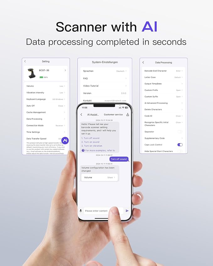 Inateck Bluetooth Barcode Scanner 2D, Wireless 2D QR Code Scanner with 2600 mAh Battery and Smart Charging Base, Handheld Scanner Support AI, APP, SDK, BCST-36
