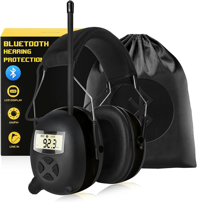 BJKing Upgraded 5.4 Bluetooth Hearing Protection AM/FM Radio Headphones, 30dB SNR Safety Earmuffs, Ear Protection for Mowing, Workshops, and Snowblowing, Black