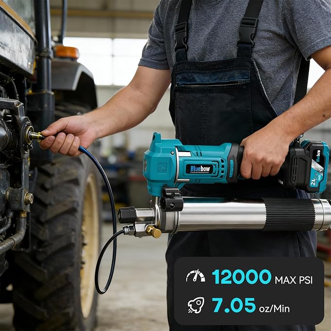 Bluebow 21V Cordless Electric Grease Gun Kit, 12000 PSI Battery Powered Grease Gun, 7.05 oz/min, 2×4000mAh Batteries, LED Light, 39.4" Hose, Lightweight for Farm, Truck, Tractor
