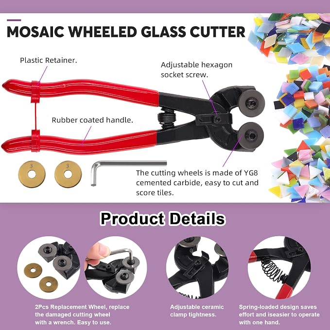Swpeet 10Pcs Glass Cutter Tools Kit, Mosaic Wheeled Glass Tile Nippers, Glass Running Pliers, Breaker Grozer Pliers, Tungsten Carbide Tip Scriber, Grip Oil Feed Glass Cutter, Gloves, Zipper Bag