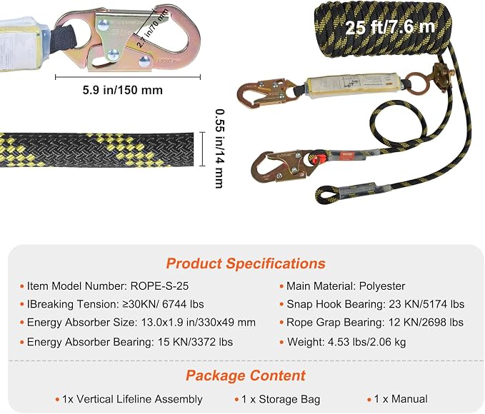 VEVOR Vertical Lifeline Assembly, 0.55'' x 25' Fall Protection Rope with 30 KN Breaking Tension, Polyester Roofing Rope with Steel Snap Hooks, Rope Grab, and Shock Absorber, ANSI Compliant