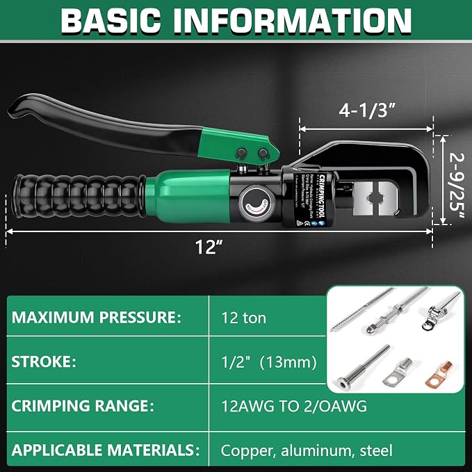 Hydraulic Crimping Tool Set with Cable Cutter, 10 Tons Battery Cable Crimper Tool with 12 AWG to 00 (2/0), Terminal Cable Wire Tool Kit with 9 Die (12awg~00awg Crimping Tool), Green