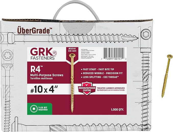 GRK Fasteners R4#10 x 4 Inch, Multi-Purpose Framing Screws, 1000 PCS, Rust Resistant Climatek Coating, Outdoor Fencing and Deck Screws, Fast Bite Tip, Star Drive Recess, Gold