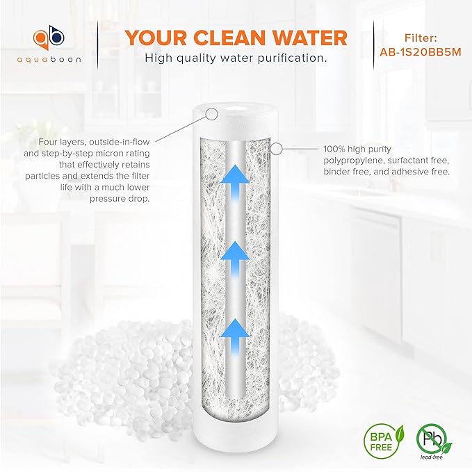 Aquaboon 5 Micron 20 x 4.5 Whole House Sediment Filter Cartridge 20 inch Water Filter Replacement Compatible with DGD-5005-20, FP25B, AP810-2, 6-Pack