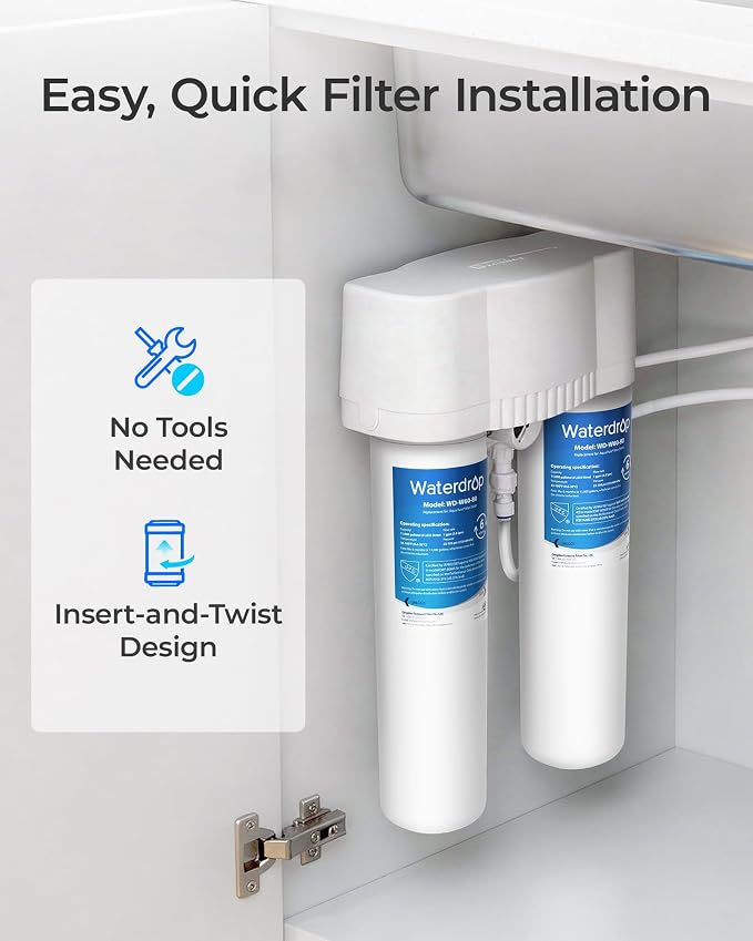 Waterdrop DW80/90 Under Sink Water Filter, Replacement for Aqua-Pure® AP-DW80/90, AP-DWS1000, Kohler® K-201-NA, Kohler® K-202-NA, NSF/ANSI 42&372, 2 Pack, Model No.WD-W60-80/90