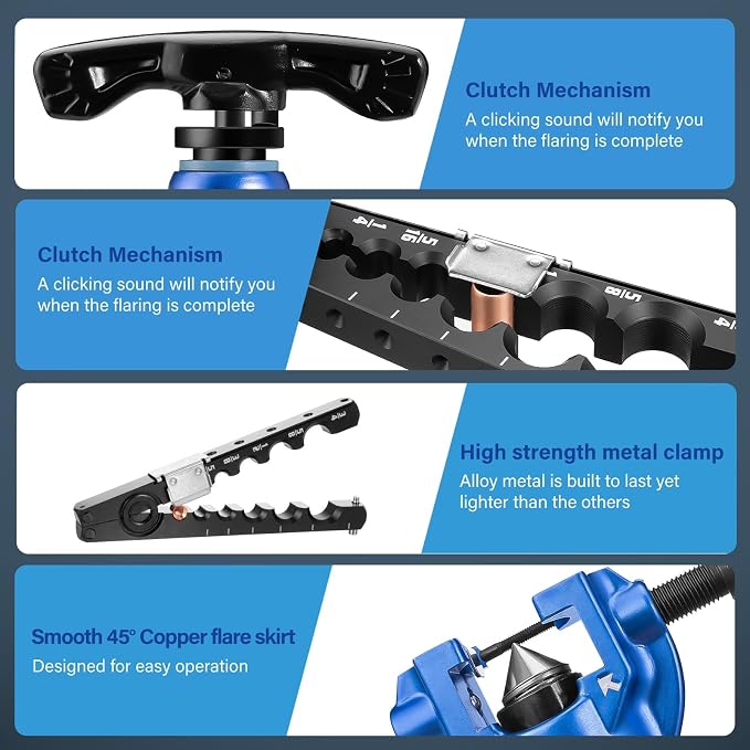 Wisscool Flaring Tool Kit 1/4”-3/4” and 6-19mm, Single 45° 6 Dies Eccentric Tubing Flare Tool with Clutch Deburring Tool Cutter for Copper Pipe Tube(5 in 1 Set)