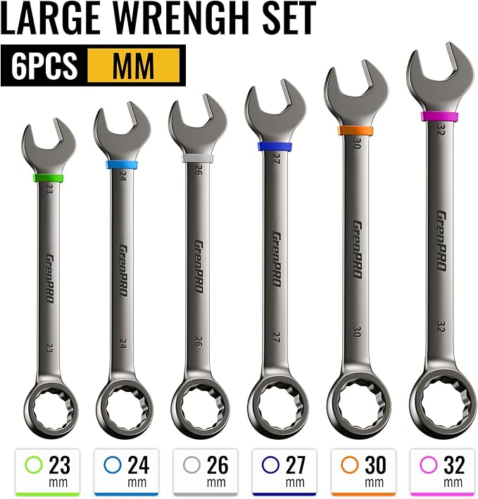 GRENPRO 23-32MM Large Metric Wrench Set, Combination Open End Wrench Sets | Color Rings, Roll Up Pouch, CRV Steel, Nickel Rust-Proof Coating, Free Gauge for Quick Size Matching