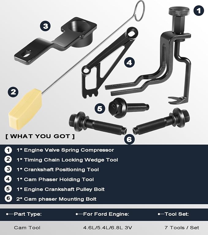 Timing Belt Tools Kit For Ford 4.6L 5.4L 6.8L 3V Engines, Valve Spring Compressor Tool, Cam Phaser Holding Tool, Timing Chain Wedge Tool, Crankshaft Position Holder, Cam phaser Mount Bolt, Pulley Bolt