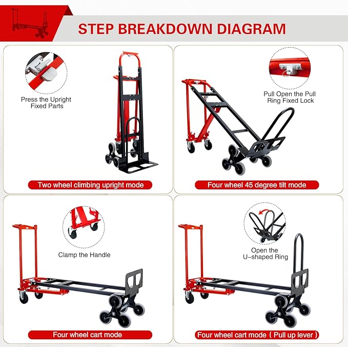 3 in 1 Industrial Convertible Hand Truck Dolly,1000 LBS Capacity Stair Dolly,Stair Climbing Hand Trucks Heavy Duty with Solid Wheels for Moving,Transport in Warehouses,Factory(Red)