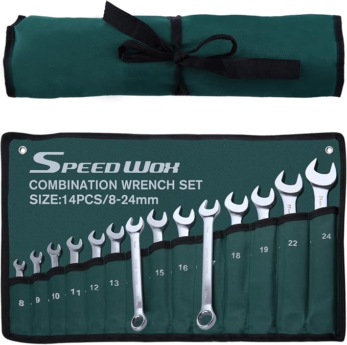 SPEEDWOX 14-Piece Essential Metric Combination Wrench Set Metric 8mm to 24mm 12 Point Combination Wrench Sets in Roll-up Pouch for General Household Garage Chrome Vanadium Steel Mirror Chrome Finish