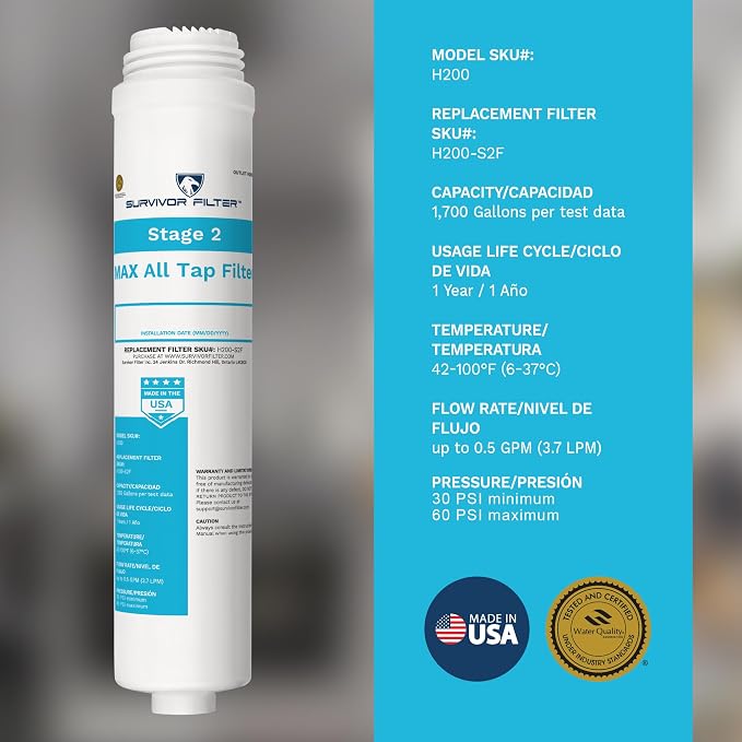 Survivor Filter Max, Stage 2 All Tap, Under Sink Water Filter Replacement | Chlorine & Metals Reduction, All Tap Water Types, Water Filter for Sink Faucet, Easy Installation, Made in USA
