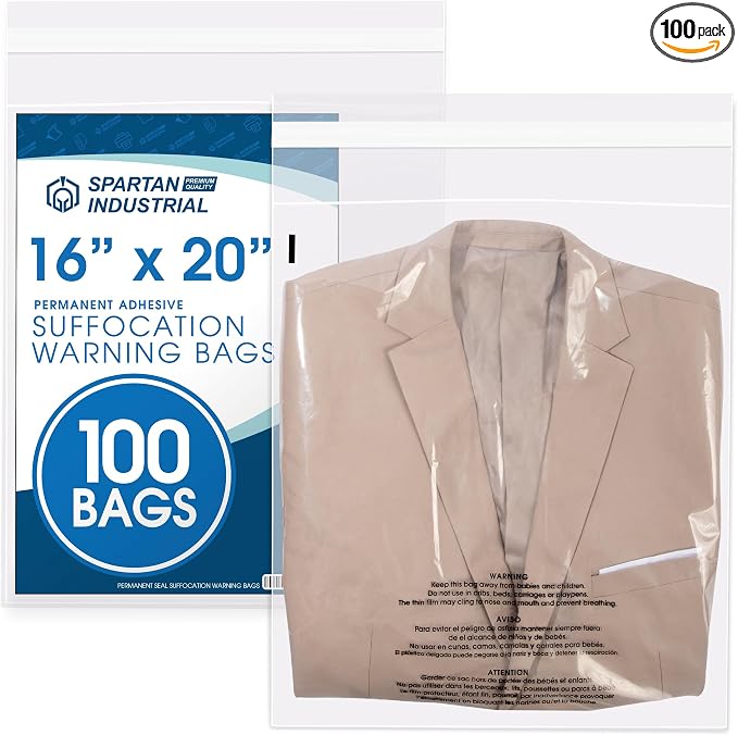 Spartan Industrial - 16" X 20" (100 Count) Self-Seal Clear Poly Bags With Suffocation Warning for Packaging, Blankets, Clothing - Permanent Adhesive