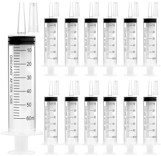 12 Pack 60ml Plastic Syringes, Individually Sealed with Measurement & Cap for Feeding Pets, Liquid, Jello Shots, Lip Gloss, Paint, Epoxy Resin, Oil, Watering Plants, Refilling (60ml, Plastic)