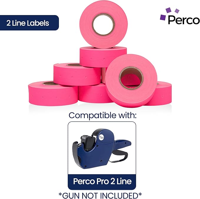 Perco 2 Line Fluorescent Pink Labels - 24,000 Blank Price and Date Gun Labels for Perco 2 Line Price and Date Guns - 32 Rolls, 4 Sleeves - Made in USA