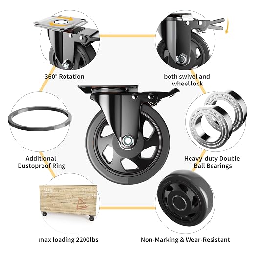 YUPEZOP 5 Inch Swivel Caster Wheels, Set of 4 Heavy Duty, Locking Industrial Casters with Brake, Black, Stainless Steel, Polyurethane, Double Safety Brakes and 360 Swivel for Maximum Flexibility