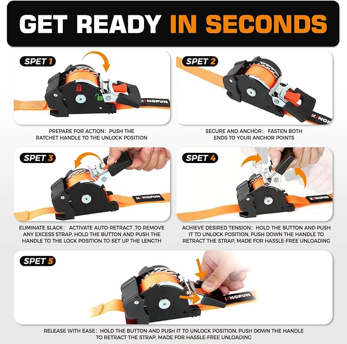 Retractable Ratchet Straps 4 Pack, 1" x 10' Self Retracting Tie Down Straps | Heavy Duty Ratchet Straps with 1760lb Break Strength, Auto Retractable Tie Down Straps for ATV, UTV, Motorcycle, Trailer