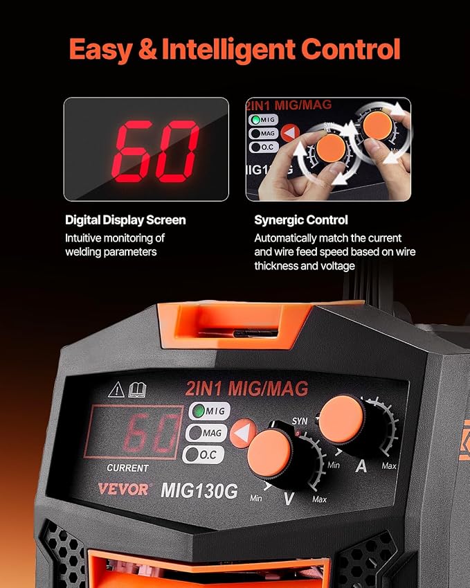 VEVOR MIG Welder, 130A Synergic Mig Welding Machine, 2-in-1 Gas MIG/Gasless Flux Core MIG Multi-Process Welder Machine, 110V Portable Mig Welder with IGBT Inverter Technology & Digital Display Screen
